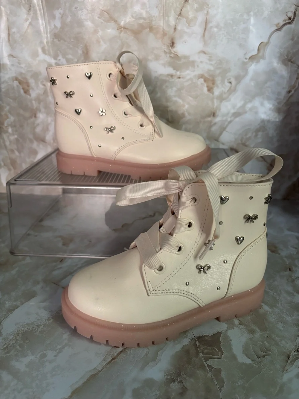 Cat & Jack Cream and Pink Heart-Studded Lace-Up Boots